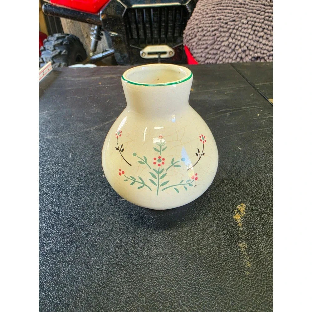 Vintage Ceramic Floral Bud Vase Cream Green Folk Art Small Bulbous Crackle Glaze